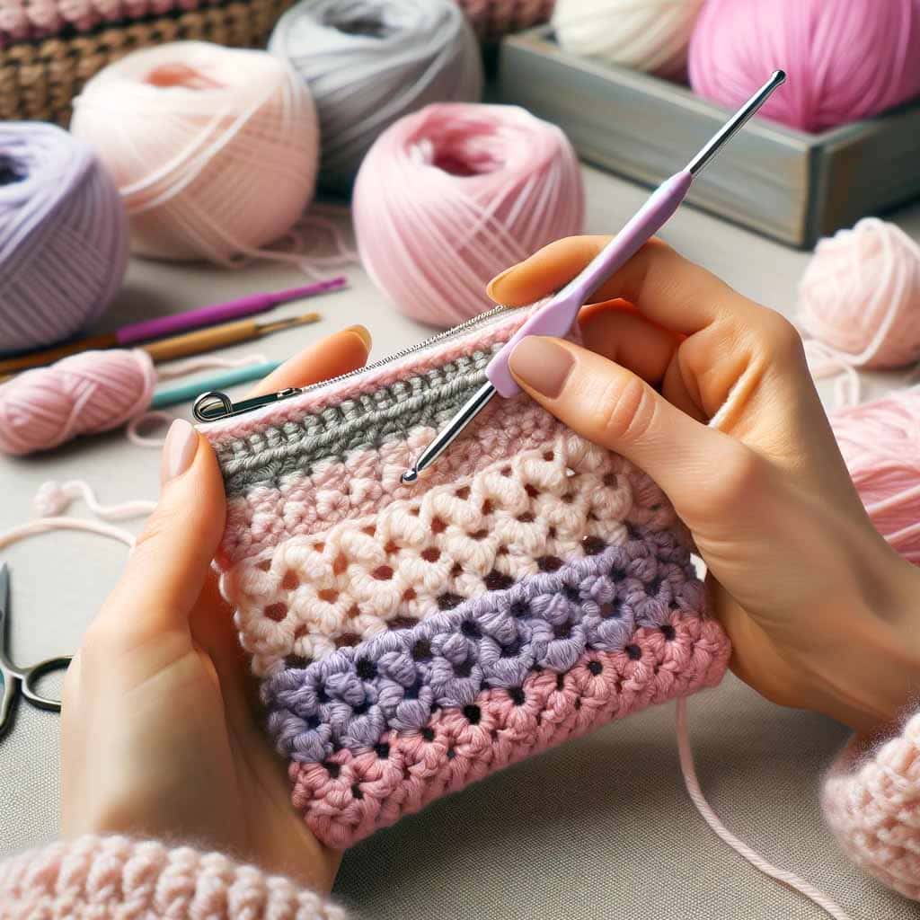 a step by step crochet purse showing the process